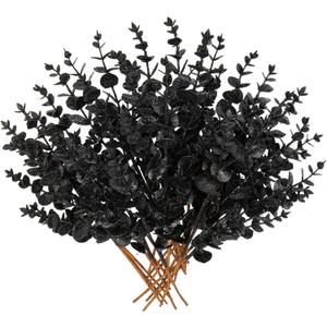 Hollyone 20 Pcs Glitter Artificial Eucalyptus Branches 13" Christmas Eucalyptus Pine Stems Picks Black Fake Eucalyptus Picks Stems for DIY Christmas Tree Garland Wreath Crafts Home Decoration (20pcs-Eucalyptus, Black-3)
