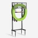 Garden Hose Holder Freestanding with Storage Basket, Heavy Duty Metal Water Hose Holder with 4 Anchor Spikes, Holds Up to 150FT of Hose for Yard, Lawn & Patio