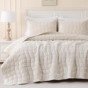 DOWNCOOL 3 Pieces Velvet Quilt Set King Size, Cream White | All Season Soft Lightweight Quilted Velvet Bedspread Coverlet Bedding with 2 Pillow Shams