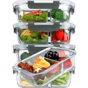 M MCIRCO [5-Pack,36 Oz] Glass Meal Prep Containers 2 Compartments Portion Control with Upgraded Snap Locking Lids Glass Food Storage Containers, Microwave, Oven, Freezer and Dishwasher (4.5 Cups) (Gray)