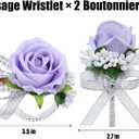 4Pcs Purple Rose Corsage and Men Boutonniere Set Women Wristlet Band Wrist Bracelets, for Prom Wedding Ceremony Flowers Decorations and Homecoming Party Accessories