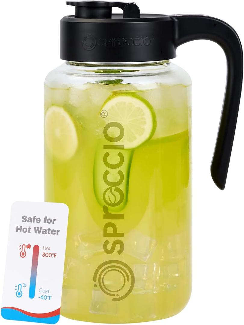 Borosilicate Glass Pitcher with Lid, 64 oz Mason Jar Pitcher Pour Spout Lid Airtight Leak-proof, Sun Tea Glass Jar for Outside, Breastmilk, Cold Brew, Coffee and Iced Tea (Black)