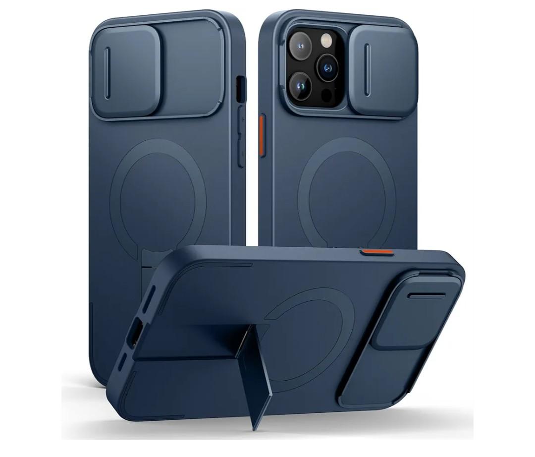 SURITCH for iPhone 13 Pro Max/12 Pro Max Case with Magnetic Camera Slide Cover and Adjustable Kickstand, Compatible with MagSafe, Shockproof Bumper Case Slim Protective Cover 6.7 Inch, Blue