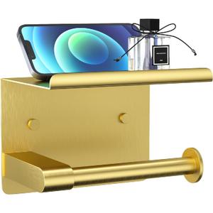 Brushed Gold Toilet Paper Holder Wall Mount, Fits Mega Rolls Size Rustproof Self Adhesive Brushed Brass Toilet Paper Holder Gold with Shelf (D-brushed Gold)