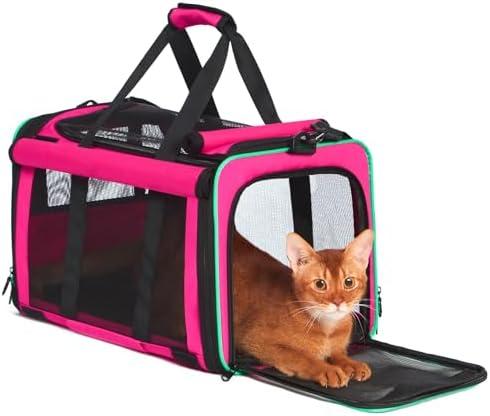 Pet Carrier, Durable Airline Approved Dog Cat Carrier, Collapsible Cat Travel Carrier Bag with Rollable Cover, Soft Cat Carrier for Small Medium Cats & Dogs Under 20 lbs, Pink