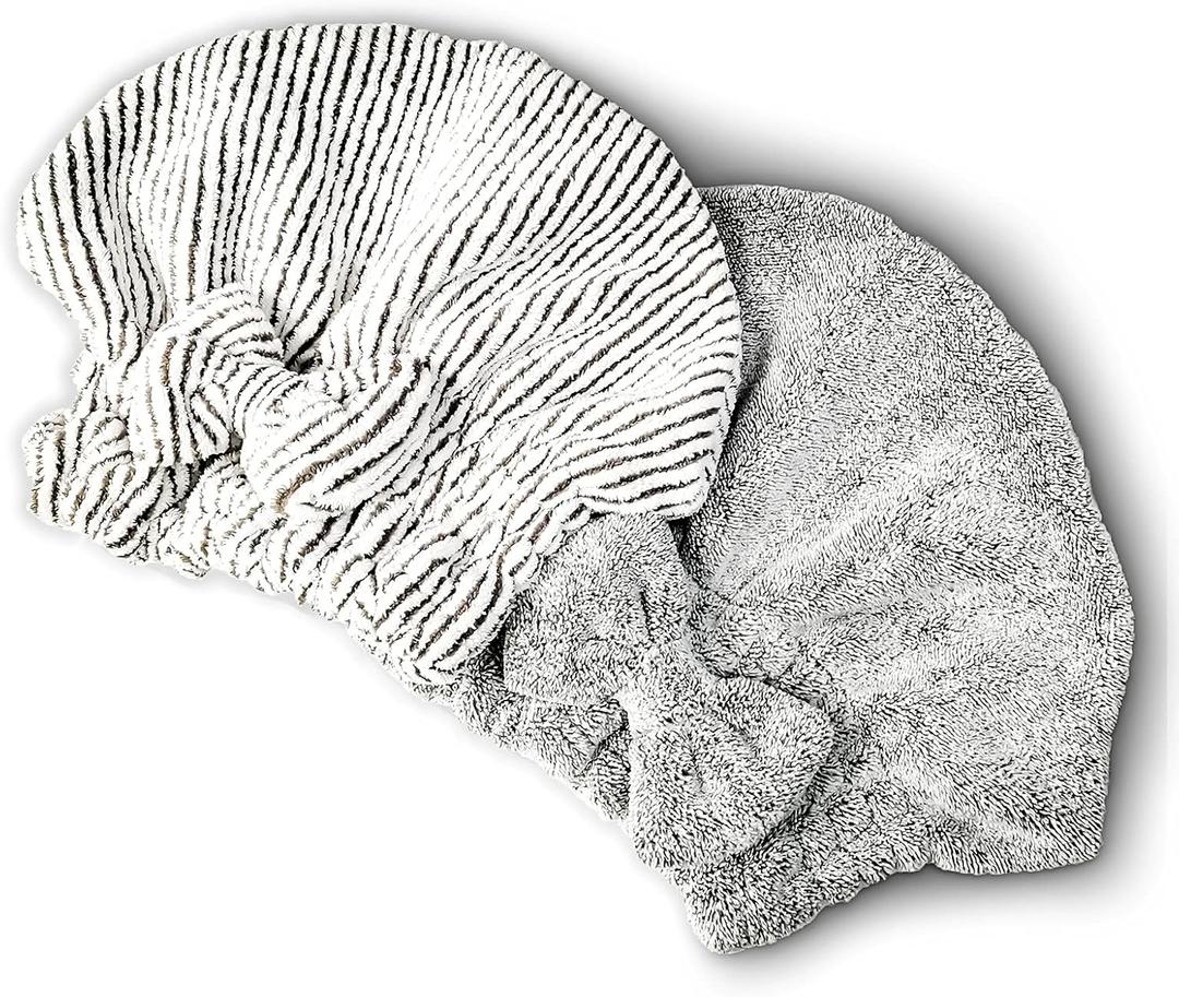 Microfiber Hair Towel Wrap, Soft Absorbent & Quick Drying Cap Set for Curly Thick Hair, Women & Girls - 2 Pcs (Stripe & Gray)