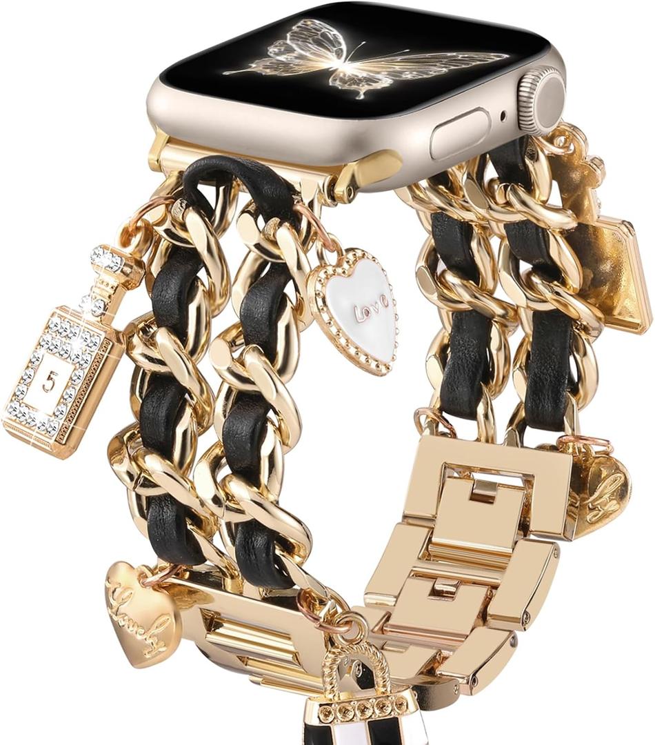 Stylish Metal Band Compatible with Apple Watch Bands for Women 40mm 38mm 41mm 44mm 42mm 45mm 46mm,Pretty Chain Strap with Apple Watch Accessories Charms for iWatch Series 11 10 9 8 7 6 5 4 3 2 1 SE (GoldBlack Band/PerfumeBag)