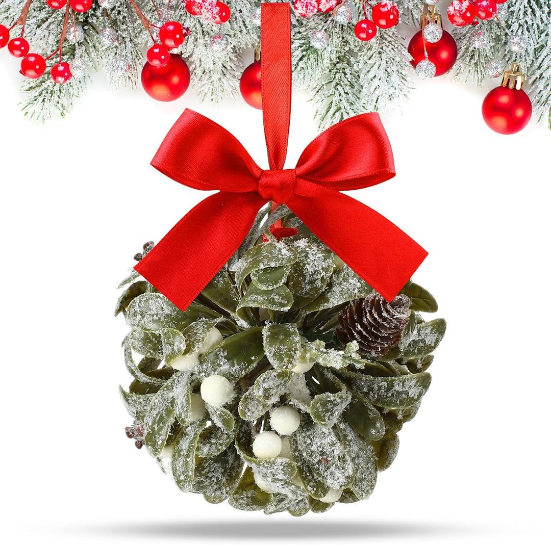 Wettarn Christmas Mistletoe Decor Artificial Kissing Ball Ornament with Bow Berries Hanging Mistletoe Decoration Natural Pine Cone Decor for Doorway Home Christmas Tree(Red,1 Pcs)
