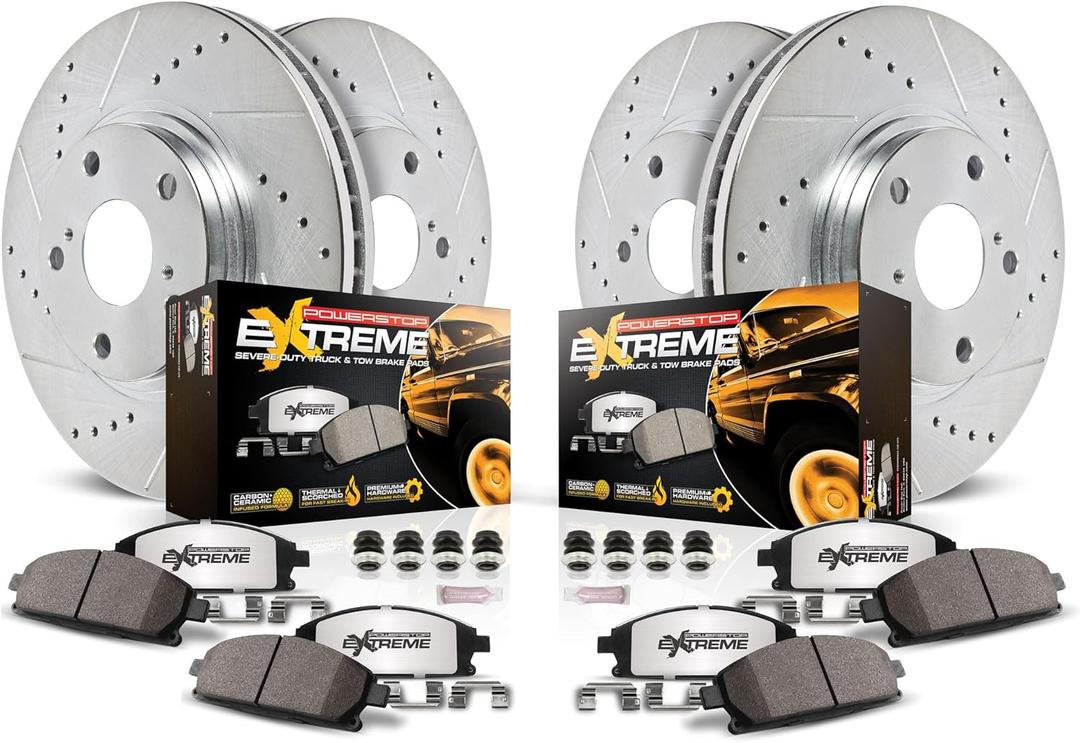 Power Stop K4021-36 Front and Rear Z36 Truck & Tow Brake Kit, Carbon Fiber Ceramic Brake Pads and Drilled/Slotted Brake Rotors For Ford E-150, Ford E-150 Club Wagon [Model Specific]