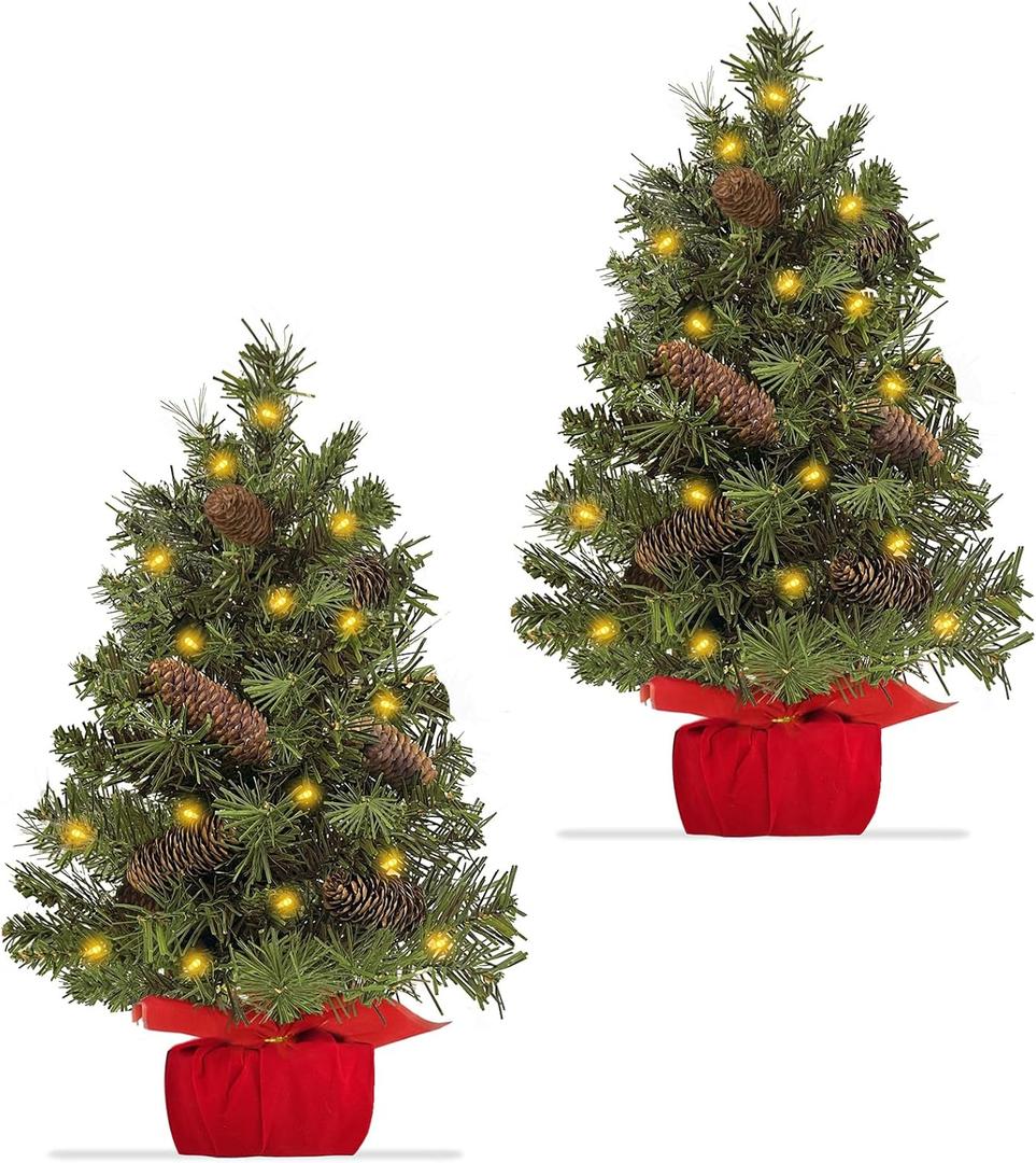 2 Pack Tabletop Christmas Tree with Lights Timer, Mini Small Christmas Tree Battery Operated 40 LED Artificial Cedar Xmas Tree Pinecones Lifelike Classics Branches Wooden Base Table Home Indoor Decor