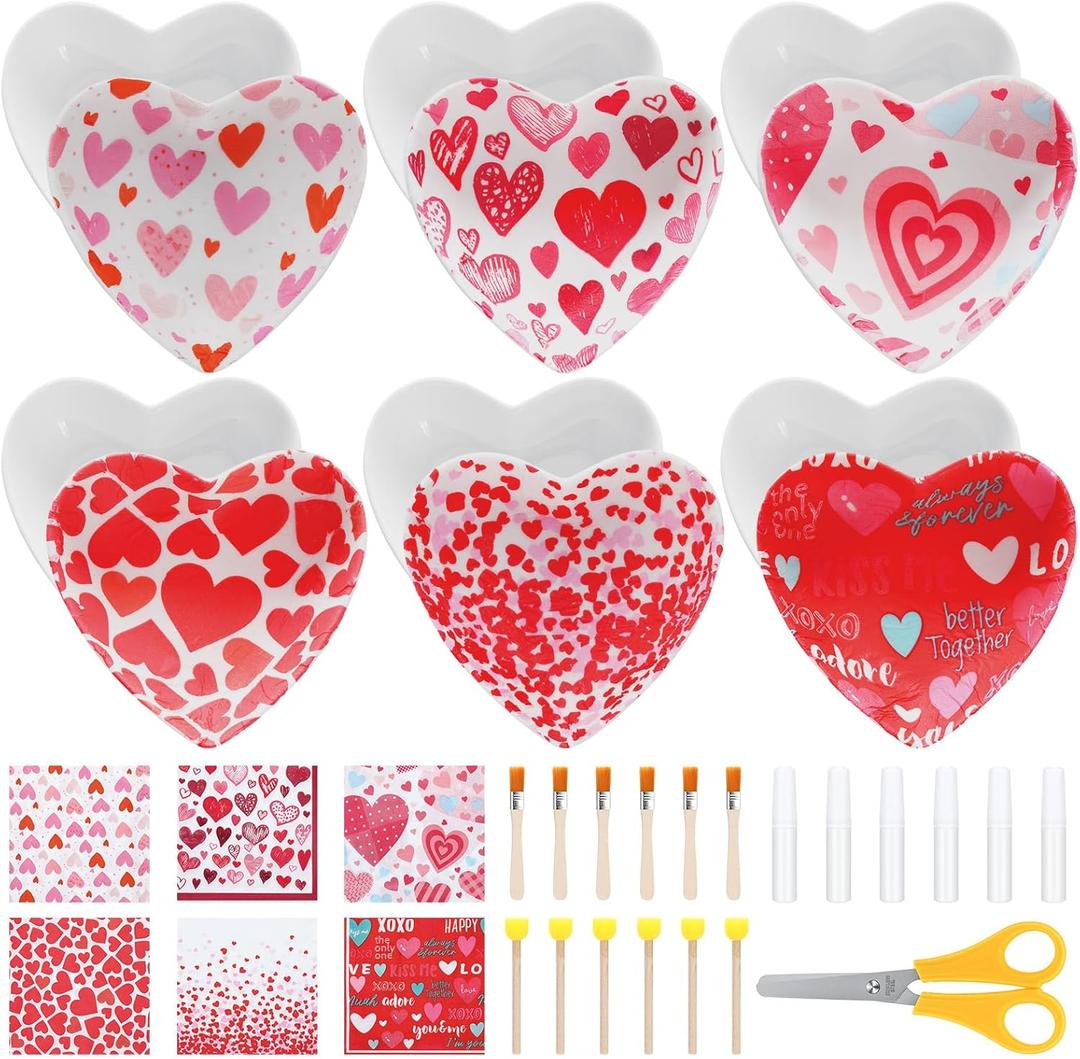 LemonSecret 6 Set DIY Valentine's Day Decoupage Kit Crafts Ceramic Heart Jewelry Tray Unpainted Ceramics Ring Dish with Decoupage Napkins Glue Brush for Valentine Galentine's Night Mother's Day Crafts
