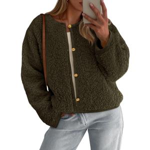 PRETTYGARDEN Women's 2025 Fall Fashion Clothes Trendy Fleece Sherpa Cropped Jackets Buttons Warm Casual Winter Faux Fur Coats (Green, XL)