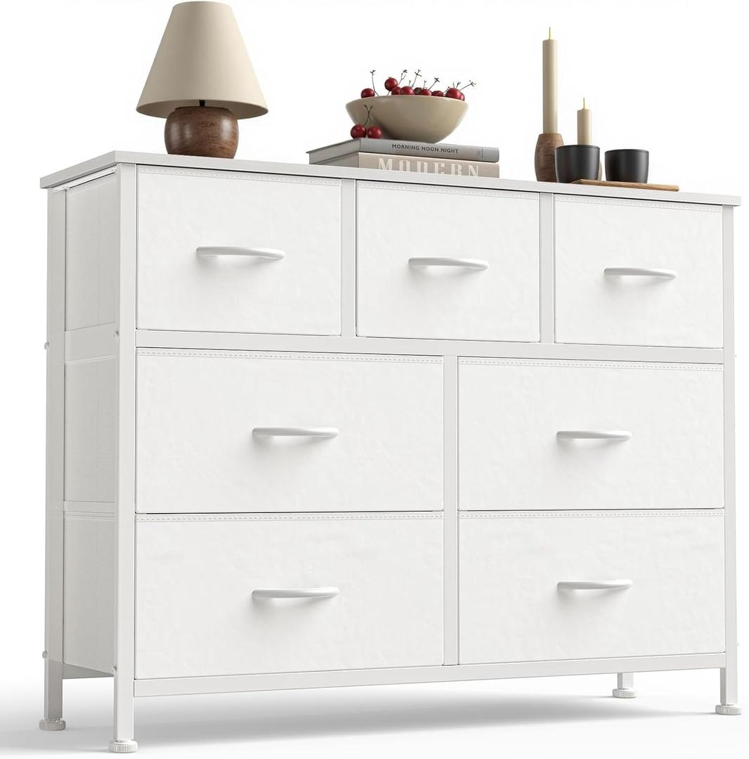 Sweetcrispy 7 Drawer Dresser with Fabric Bins Fabric Storage Tower Organizer for Bedroom Closet Hallway Entryway Tall Chest of Drawers with Steel Frame Wood Top Easy Pull Handles,White