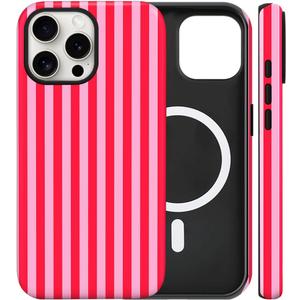 Magnetic for iPhone 15 Pro Case Cute Stripes Phone Case, Shockproof Slim TPU and Hard PC Protective Phone Cover Compatible with MagSafe Designed for Women Girls, Red and Pink