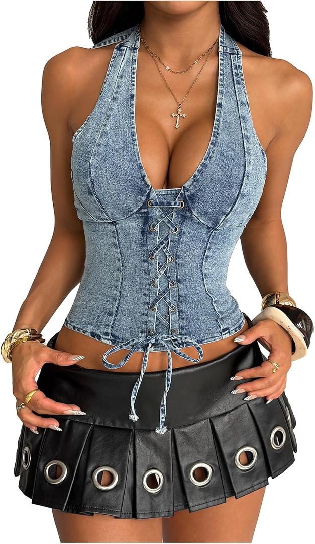 MakeMeChic Women's Denim Halter Corset Tops Y2K Jean Lace Up Tops Sleeveless Backless Vest Top (Blue). S Size