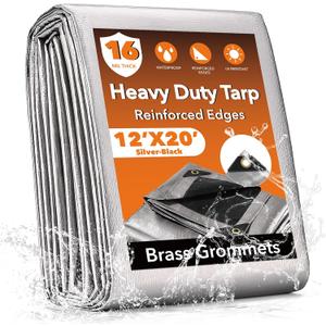 12x20FT Waterproof Tarp, Yumatum 16 Mil Heavy Duty Tarps with Reinforced Edges/Brass Grommets, 100% UV Blocking/Tear Resistant Poly Tarp for Camping, Patio, Tent, Boat(Silver/Black)