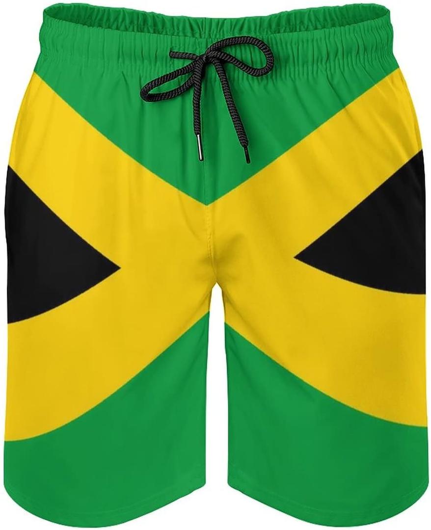 Mens Jamaican Flag Swim Trunks Quick Dry Board Shorts with Mesh Lining (M)
