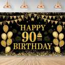 90th Birthday Decorations for Women Men - Happy 90th Birthday Banner Decorations Black Gold Welcome Background Sign for Cheers 90 Years Birthday Party Supplies Decor Indoor Outdoor (72 x 44 inch) ﻿