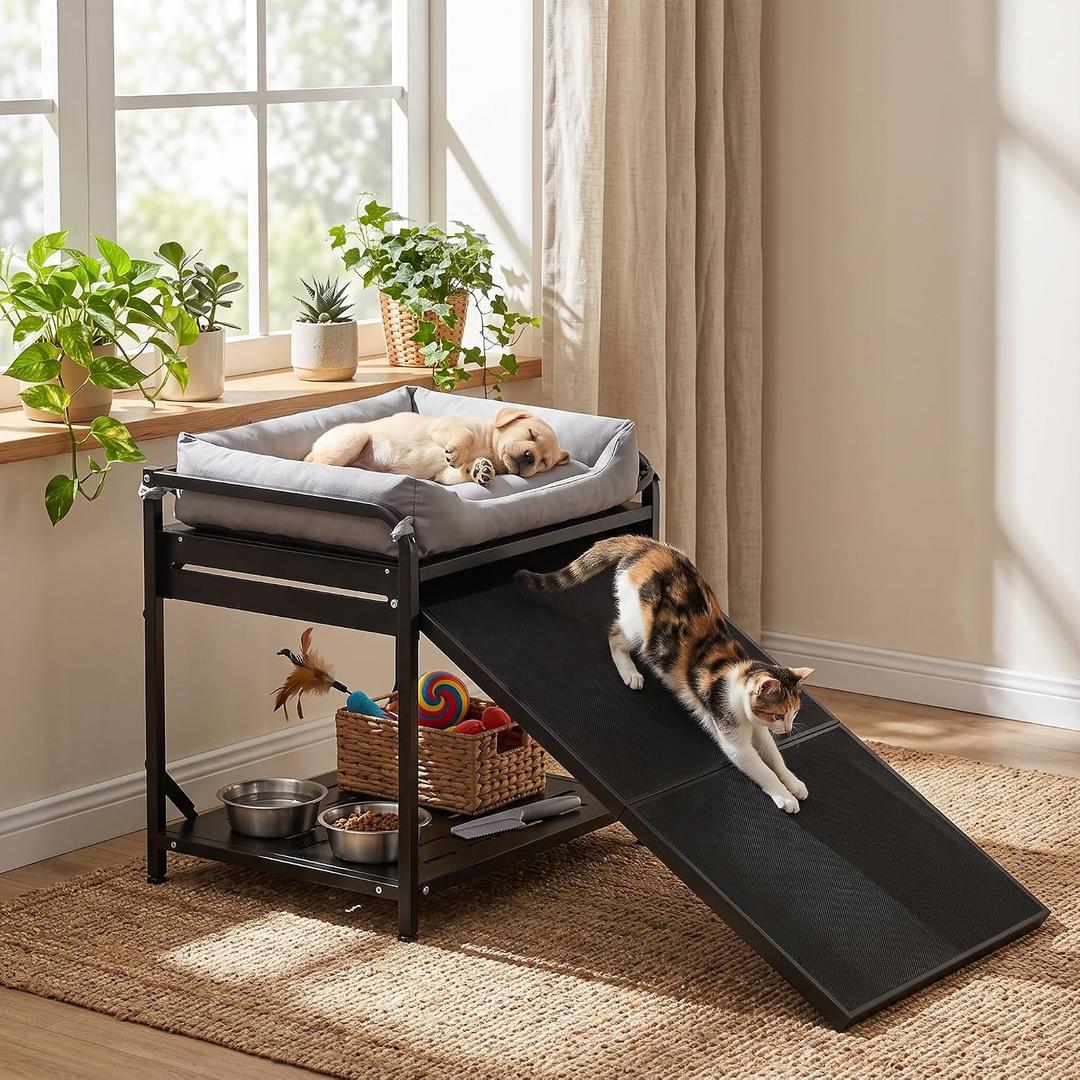 25"x18.5" Dog Bed with Ramp, Retractable Ramp Pet Bed with Roller Track, Dog Sofa Bed with Storage & Washable Cushion, Removable Non-Slip Ramp for Small Dogs Cats, Indoor Bedside Perch