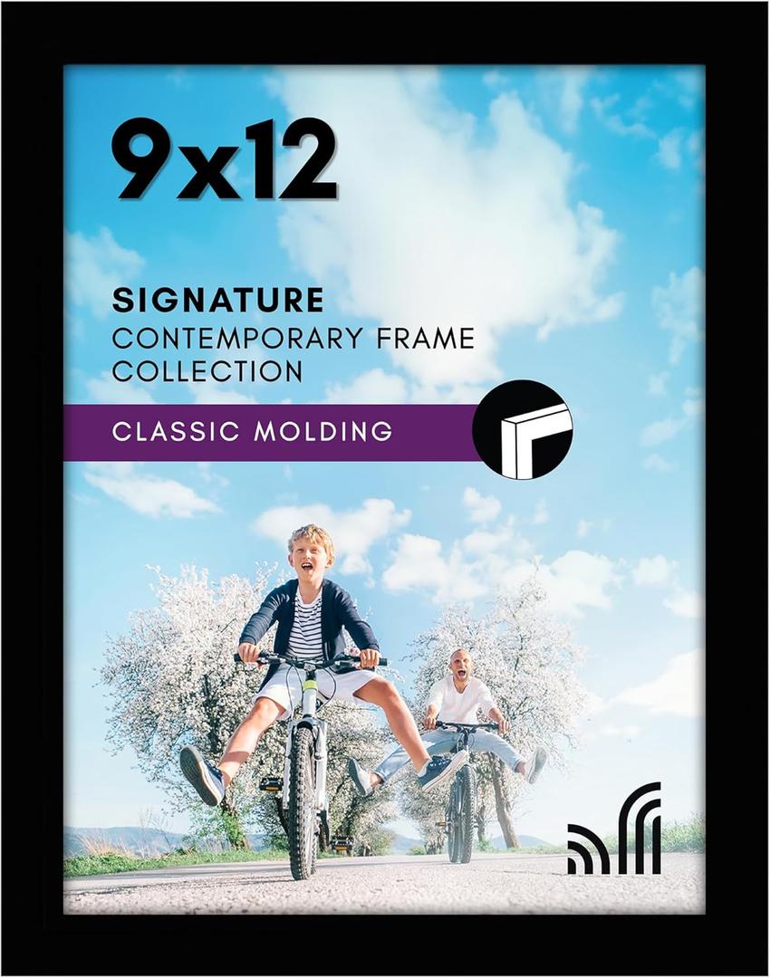 Americanflat 9x12 Picture Frame with Shatter-Resistant Glass - Signature Collection - Gallery-Style Frames Made of Engineered Wood - Photo Frame for Tabletop and Wall Display - Black