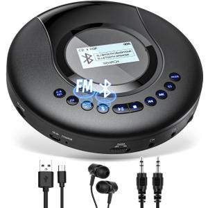ARAFUNA Portable CD Player Bluetooth with FM Radio, 2000mAh Rechargeable CD Player for Car with LCD Screen, Anti Shock Protection Compact Player with Headphone, AUX Cable (Black)