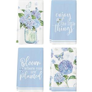 Artoid Mode Blue Hydrangea Motto Spring Kitchen Towels Dish Towels, 18x26 Inch Farmhouse Decoration Hand Towels Set of 4