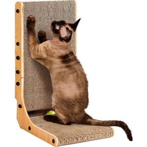 EHEYCIGA Cardboard Cat Scratcher for Indoor Kitten Cats, 19 Inch L Shaped Vertical Cat Scratching Board with Ball Cat Toy, Small Cat Scratcher Pad, Brown (11.4x9.75x19)