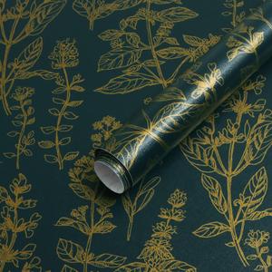 Kitico Wallpaper Peel and Stick Gold and Green Wallpaper Floral Removable Contact Paper Textured Self Adhesive for Bedroom Furniture Decorate Vinyl Roll 17.3''x393.7''
