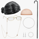 BBTO Old Lady Cosplay Set Grandma Gray Wig for Women Walking Cane Glasses Chain Cords Faux Pearl Bead Necklace
