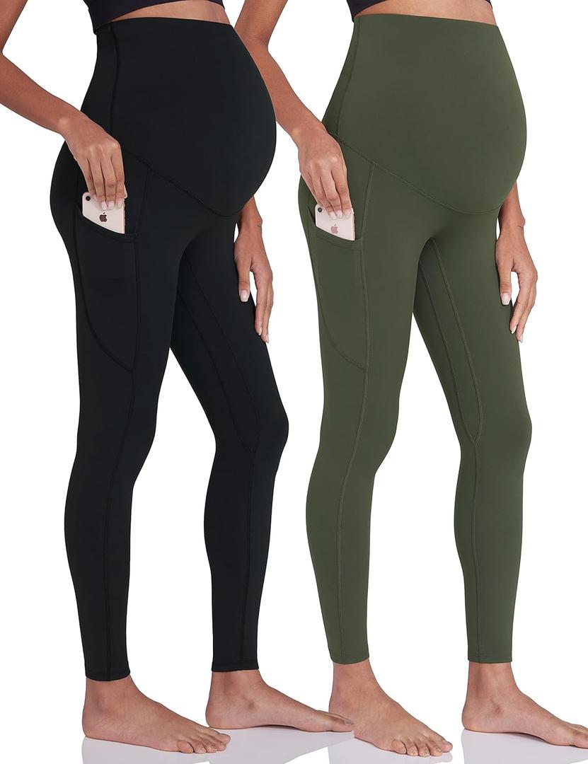 ENERFUL Women's Maternity Workout Leggings Over The Belly Pregnancy Active Wear Athletic Soft Yoga Pants with Pockets (Medium, Black+dark Green)