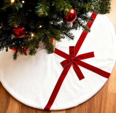 Christmas Tree Skirt 48 Inch, White Tree Skirt with Red Bow,Christmas Decorations,Xmas Tree Skirt for Home Party Holiday Indoor Outdoor Decorations (48inch +18inch Christmas Stocking)