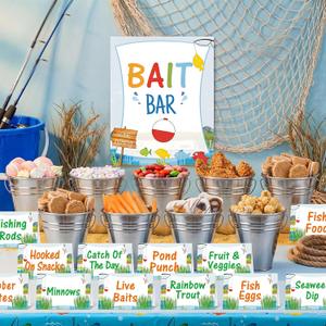 Potchen 31 Pcs Ofishally One Birthday Party Decorations 12 Fishing Bait Buckets 1 Bait Bar Accessories Sign 18 Fishing Food Labels First Birthday Party Supplies for Baby Shower Buffet Decors