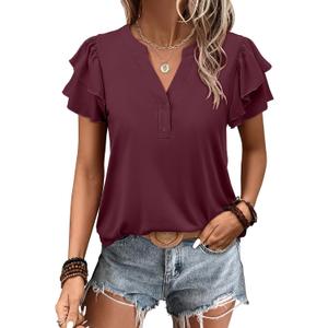 ANRABESS Womens Tops Dressy Casual Ruffle Short Sleeve V Neck Blouses Summer Button Down Business Work Elegant Shirts (Size Small, Burgundy)