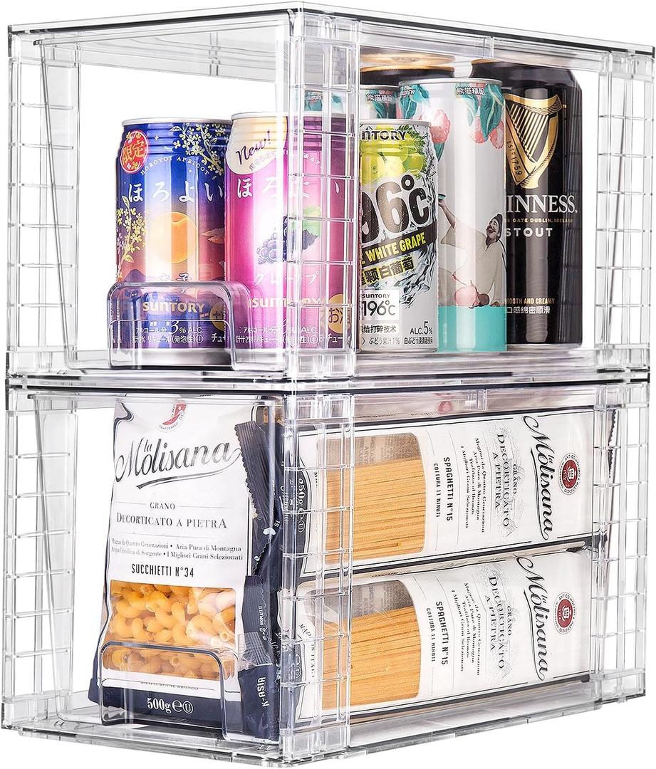 2Pack Large Stackable Kitchen Storage Drawers, Clear Foods Organizer Bins with Handles, Easily Assemble for Bathroom, Kitchen, Pantry, Cabinet, Closet(XL-Down Handle)