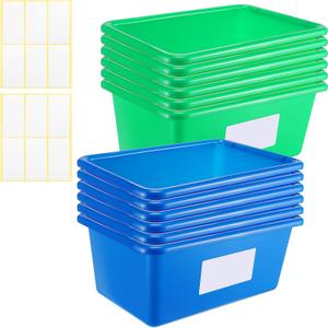 Geetery 12 Pieces Small Plastic Cubby Bins Storage Container Multi Purpose Toy Organizer Blue and Green Classroom Book Bins with 1 Pack Self Adhesive Label for School Office Home