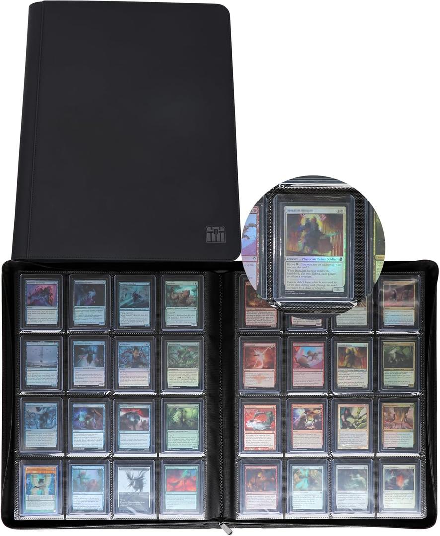 16 Pocket Toploader Binder, Holds 640 Top Loaders, Toploader Binder with Sleeves for 3'' x 4'' Toploaders (Black)