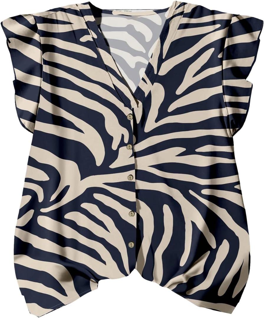 SOLY HUX Women's V Neck Ruffle Cap Sleeve Blouse Zebra Striped Casual Summer Tops (Medium, Multicolor Printed)