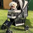 ROODO 4 Wheel Dog Cat Pet Stroller Best Lightweight Foldable Compact Portable Jogger All Terrain Travel Pet Gear Puppy Doggie Bunny Kitty Stroller for up to 30lbs Medium Small Dogs Cats(Light Khaki)