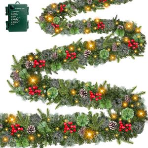 Super Long 8 Modes & Timer 18 Ft Prelit Christmas Garland for Outdoor Indoor Stair Porch 100 Warm White Lights 470 Realistic Snowy Branch Tips Red Berries Pinecone Xmas Garland Decorations Door Mantle