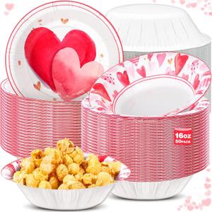 Sliner 50 Pcs 16 oz Valentine's Day Disposable Paper Bowls 2 Styles Pink Heart Compostable Soup Bowl Party Favor for Wedding Picnic Hot Soup Snack Salad Serving Catering Event Supplies