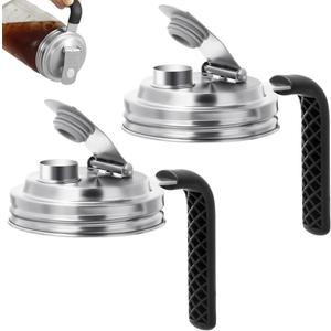 Aieve Stainless Steel Mason Jar Pour Spout Lid, 2 Pack Wide Mouth Mason Jar Pitcher Flip Cap Lids with Handle for Ball Jar Lids (3.38 inch)