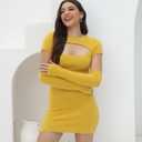 Short Sweater Dress for Women Cutout Sexy Bodycon Ribbed Knit Separate Sleeve 2025 Fall Winter (Yellow, L)