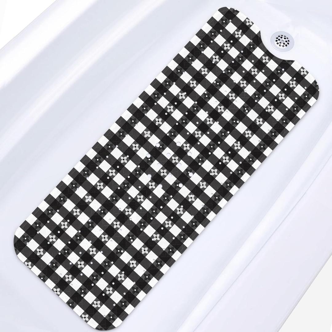 Black White Checkered Bathtub Shower Mat Geometric Flower Plaid Non-Slip Tub Mat Extra Long Bath Floor Mats 40X16 Inch Machine Washable for Bathroom Tub Bath Mat for Aldult,Toddler and Baby