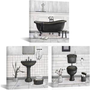HOMEOART Bathroom Wall Art Bath Tub Painting Picture Bathroom Wall Decor Framed Ready to Hang 12x12inchx3 (Black and Gold)