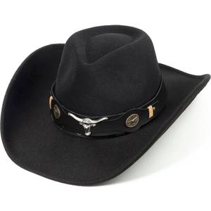 Women & Men Felt Western Cowboy Hat Classic Roll Up Brim Belt Buckle Cowgirl Fedora (M) (Black)