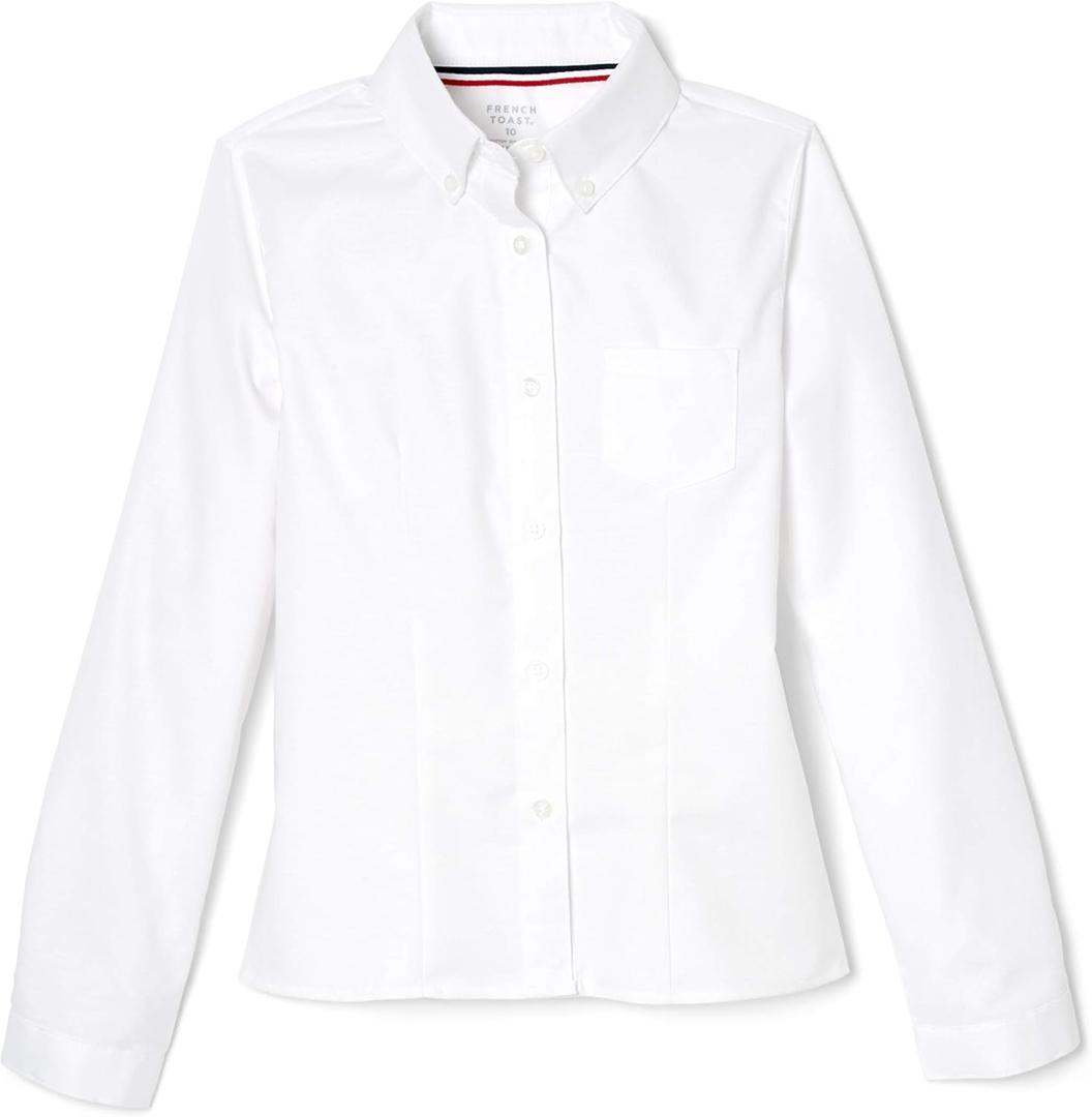 French Toast Girls' Fitted Wrinkle-Resistant Long Sleeve Oxford Shirt (10, White)