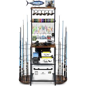 Fishing Rod Holders for Garage,Large Capacity Fishing Pole Holders for Garage, Holds 24 Fishing Rods, Fishing Gear Deals, Fishing Rod Tackle Fishing Gear and Equipment Organizer, Brown