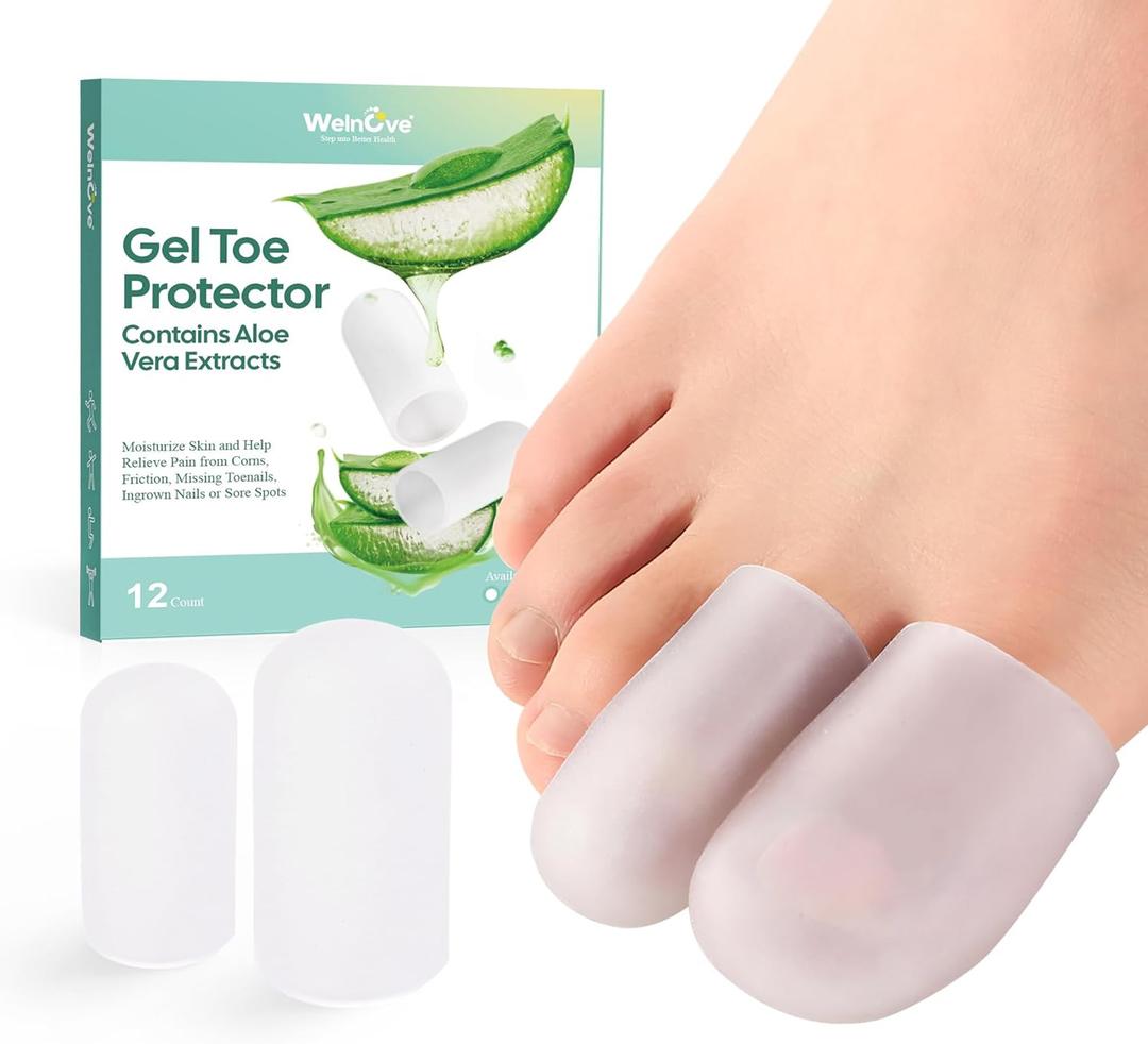 Welnove Gel Toe Cap and Protector - Silicone Toe Covers - Toe Cushions for Pain Relief, Missing or Ingrown Toenails, Corns, Calluses, Blisters - Infused Aloe Vera Extract (4 Large + 8 Medium, Clear) (Multi-Size)