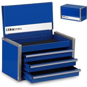 P.I.T. Mini Blue Tool Box, Portable 3 Drawer Steel Stackable Tool Box with Magnetic Tab Locking, Blue Micro Top Chest with Liner for Tools Storage and Organizers, Home DIY