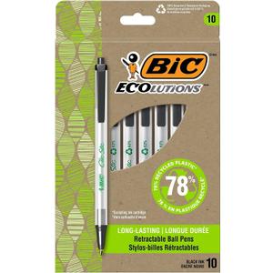 BIC Ecolutions Clic Stic Retractable Ballpoint Pens, Medium Point, Black Ink, 10/Pack (CSEM10-BLK)